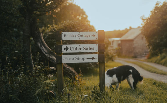 A sign on a farm points to different locations: holiday cottages, cider store and farm shop